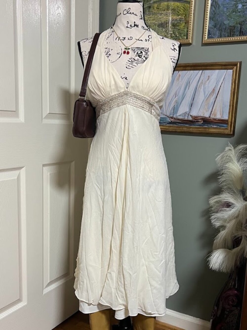 BCBG SZ 12 100% Silk White Y2K Beaded Dress Sweetheart Fairy Formal
